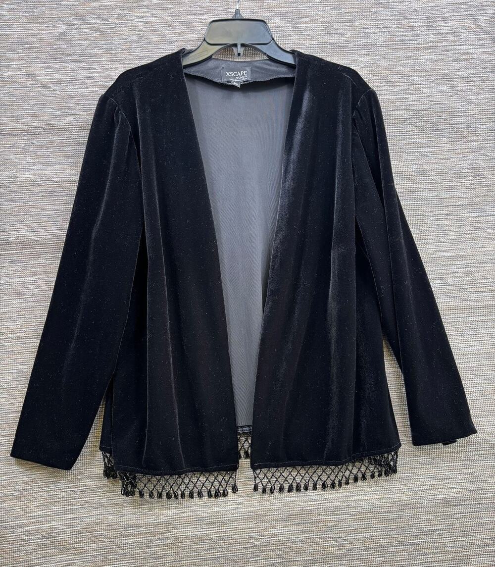 XSCAPE Jacket Womens Size 2X Black Velvet Beaded Fringe Open Front Party Formal
